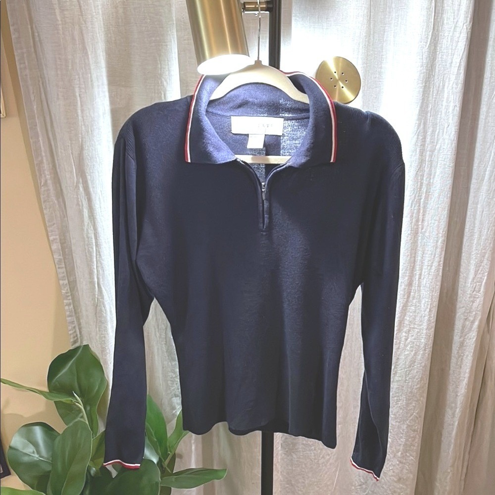 111 State rayon polo navy long sleeve striped‎ collar preppy style sportswear SM